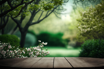 Wooden table on the summer blooming trees and greens background. Free space for text. Generative AI