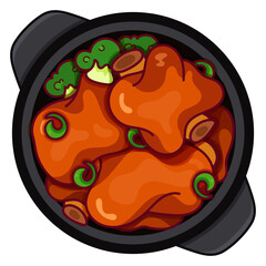 Braised pork feet chinese recipe illustration vector.  Asian taiwanese braised pork knuckle food icon top view. Chinese braised pork hock view cartoon.  Taiwanese braised pork hock food menu icon.