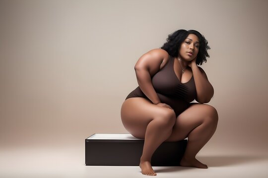 Tolerance to plus sized people. Overweight African-American adult woman poses in underwear sitting on cube in studio. Copy space. Generative Ai. Concept of body positive, liposuction and fatness