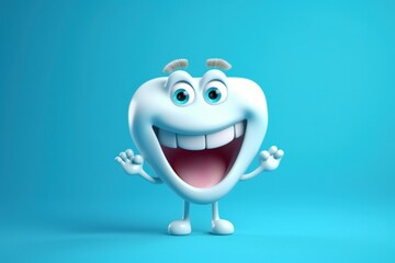 3d character of molar tooth with happy smile and eyes, blue studio background. dental health concept. Generative AI