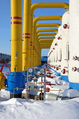 Gas pipeline on a sunny winter day in Western Siberia