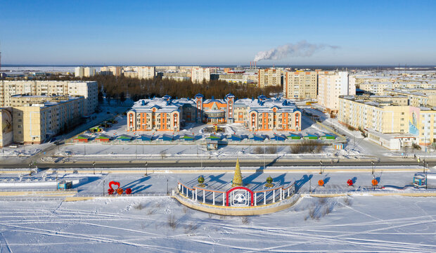Winter view from the height of the city embankment of the northern city of Nadym in Russia