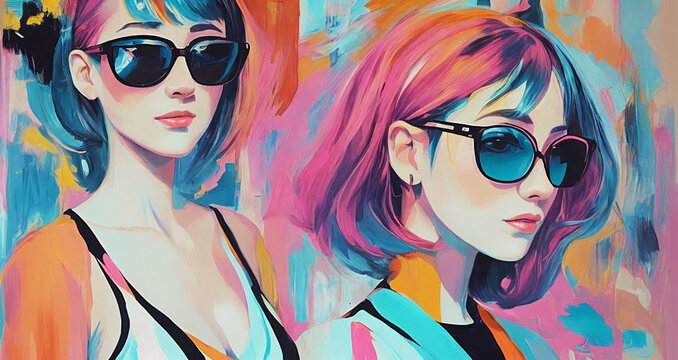 Painting portrait of two young women in sunglasses on abstract painting background. Content made with generative AI not based on real persons.