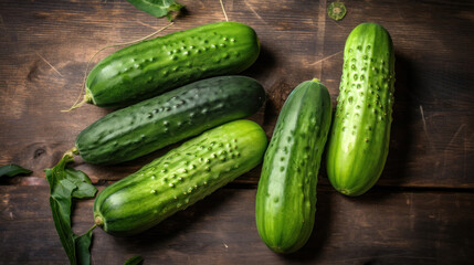 Ripe Cucumbers on a Wooden Table