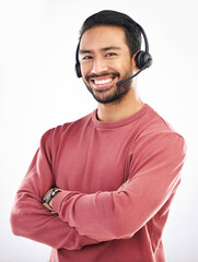 Confident customer service, face portrait or happy man telemarketing on contact us CRM or...