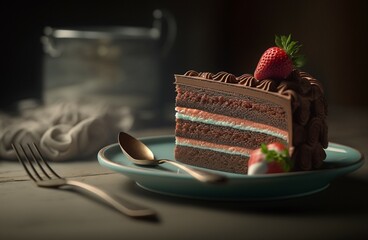 Slice of cake on a plate. Dessert decorated with berries. Generated by AI