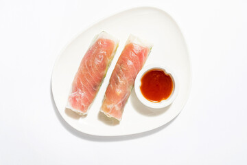 spring rolls with salmon and sauce