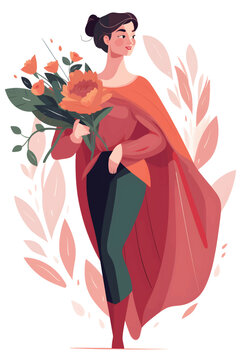 Mother like a superhero with bouquet of flowers, Mother's Day concept