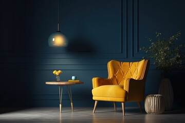 Stylish yellow armchair with potted plants and a coffee table with a hanging lamp against a blue wall, created with Generative AI