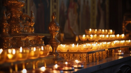 Obraz premium Candles in the Church of the Holy Sepulchre in Jerusalem. Generative AI