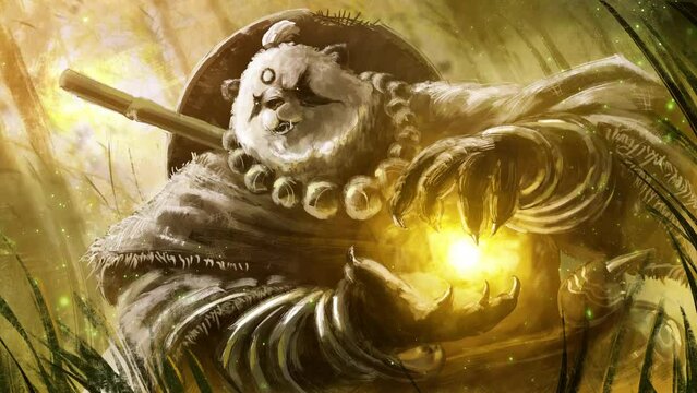A mighty humanoid panda warrior in old rags with a round hat on his back and large beads on neck, he is a kung fu warrior who forms a clot of spiritual energy in his  paws. clean looped 2d animation