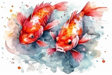 Illustration of two vibrant goldfish swimming gracefully in a clear aquarium. Generative AI