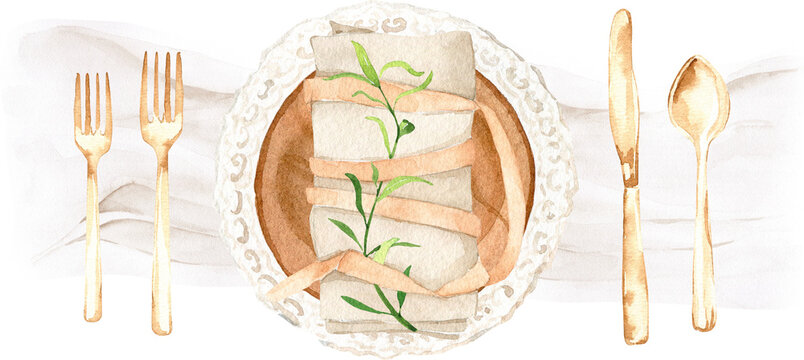 Watercolor wedding farmhouse table scape, table setting, food, decoration, rustic celebration, wooden plate