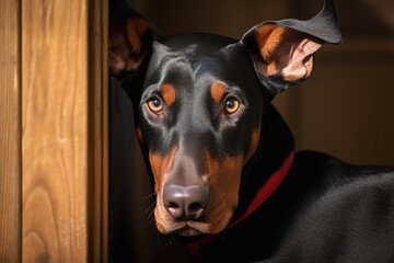 curious dog peeking out of a door. Generative AI