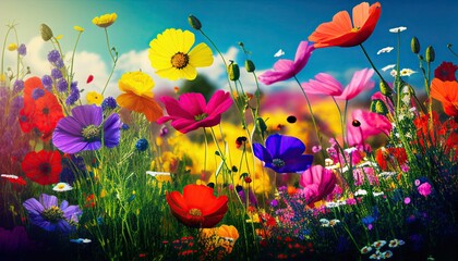 Obraz na płótnie Canvas Colorful Flowers Meadow in Spring or Summer. Nature Bloom Background, Generative AI