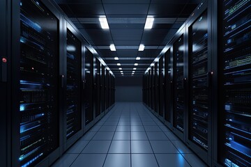 modern server room typically features rows of racks, network and computing equipment dark color scheme with blue lights and blurry background - Generative AI