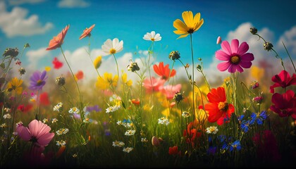 Colorful Flowers Meadow in Spring or Summer. Nature Bloom Background, Generative AI