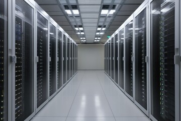 Fototapeta premium modern server room typically features rows of racks, network and computing equipment - Generative AI