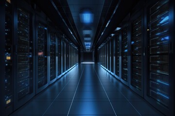 modern server room typically features rows of racks, network and computing equipment dark color scheme with blue lights and blurry background - Generative AI