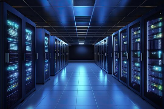 modern server room typically features rows of racks, network and computing equipment dark color scheme with blue lights and blurry background - Generative AI