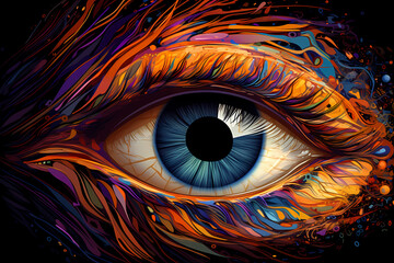 An artistic representation of the human eye in bright colours, Generative AI