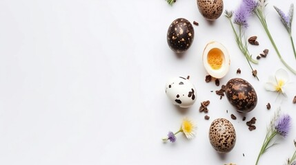 Obraz premium Easter composition of quail eggs on a white background with colorful flowers generated with AI - holidays, beautiful, spring