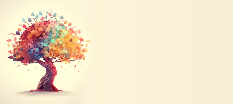 Human brain tree with flowers. Self care and mental health concept. Creative mind. Generative AI.