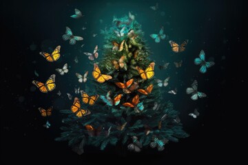 Obraz na płótnie Canvas Illustration of Butterflies fluttering around a festive Christmas tree. Generative AI