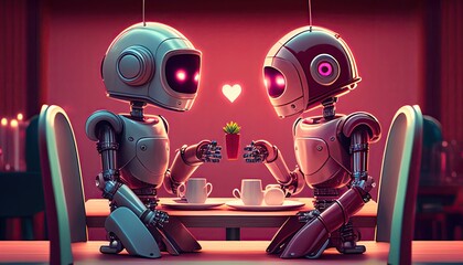 Couple of Lovers Humanoid Robots on a Romantic Date, Generative AI