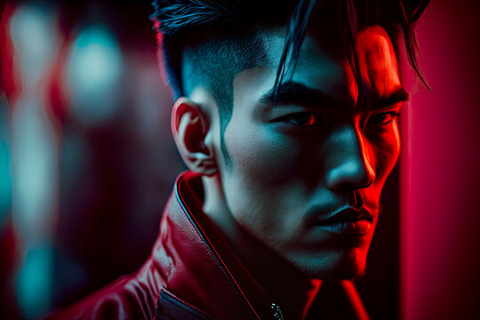 Portrait of korean man with leather jacket and neon colors. Cyberpunk fashion style. Futuristic shot. Generative AI.