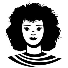 Illustration du visage d'une femme avec de beaux cheveux bouclés, ethnie Afrique et Méditerranée, regard doux et bienveillant, jeune personne, silhouette monochrome style découpe ou pochoir 