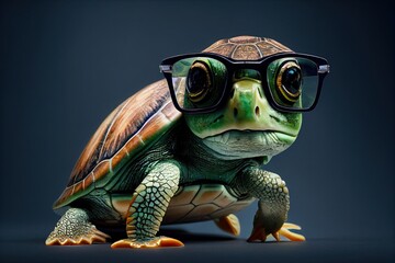 Little Cute Green Turtle in Glasses. Generative AI