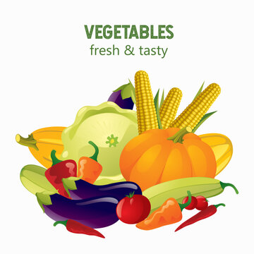 Background of healthy eating. Healthy vegan vegetarian food -  vegetables on white. Poster with vegetables. Template for a vegetarian restaurant. Vector image. 