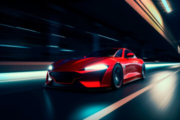 Fototapeta na wymiar Stylish red sports car with bright headlights driving at high speed on asphalt road. Light trails at night. Generative AI.