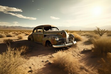 Fototapeta na wymiar Abandoned old car in desert. Generate Ai
