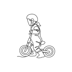 a child is learning to use a bicycle in continuous line art drawing style. design with Minimalist black linear design isolated on white background. Sport themes Vector illustration