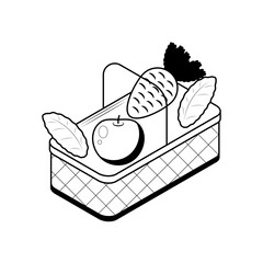 Abstract Black Simple Line Basket With Vegetables Picnic Doodle Outdoor Outline Element Vector Design Style Sketch Isolated On White Background Illustration