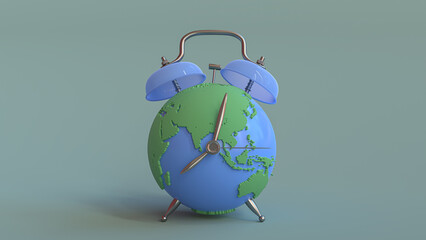 Earth globe that looks like an alarm clock on green background. Minimal idea concept. 3d render.