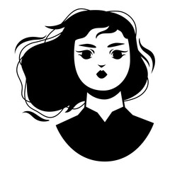 Illustration style pochoir d'une tête de femme Asiatique, mouvement des cheveux au vent, silhouette monochrome noir, composition graphique, visage de face, buste avec col de chemise