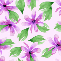 Obraz na płótnie Canvas Watercolor Hand Drawn Loose Flower with Leaves Seamless Pattern
