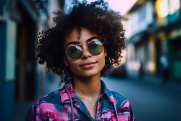 Fashion look. Cheerful black woman on the street. Retro 80s outfit and haircut and sunglasses. Generative Ai. Retrowave style. Boho style.