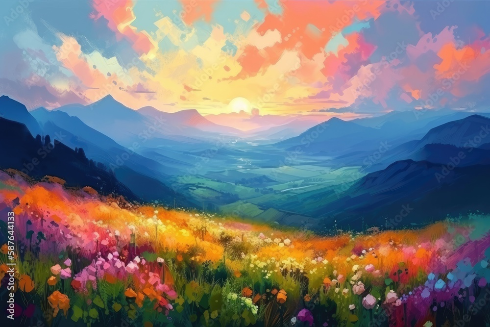 Canvas Prints picturesque field of colorful flowers with majestic mountains in the backdrop. Generative AI