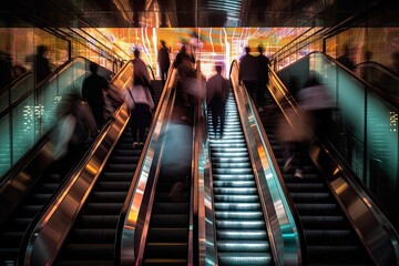 Fototapeta premium crowd walking on an escalator moving fast with blurred billboards on the right side and blurred glass front on the left side at night with neon lights - Generative AI