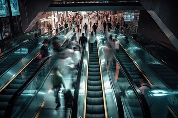 crowd walking on an escalator moving fast with blurred billboards on the right side and blurred glass front on the left side at night with neon lights - Generative AI