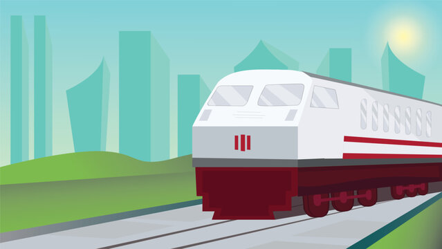 Vector Illustration Of A Train In An Urban Area. With A Green Urban Background.