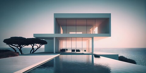 Luxury residential minimalist villa with pool and ocean on horizon. generative AI