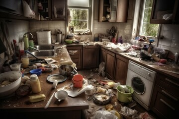 Fototapeta na wymiar Kitchen messy dirty. Generate Ai