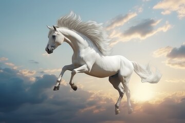 Fototapeta na wymiar Pegasus flying on sunset sky. Generate Ai