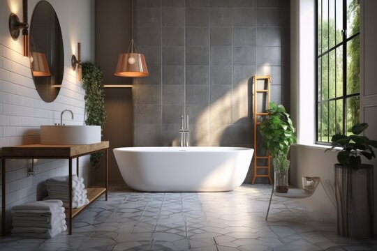 serene bathroom with a white bathtub and natural light from a nearby window. Generative AI