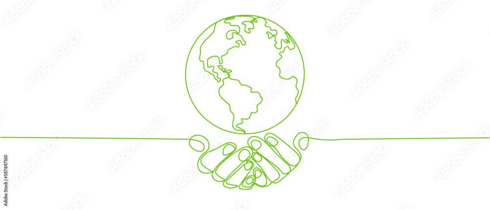 Wall mural happy earth day banner by green continuous single line drawing hands embracing the planet isolated o